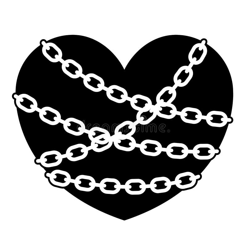 Black and white icon of chained human heart shape, symbol of strong feelings as unconditional love, suffering or eternal devotion. Black and white icon of chained human heart shape, symbol of strong feelings as unconditional love, suffering or eternal devotion