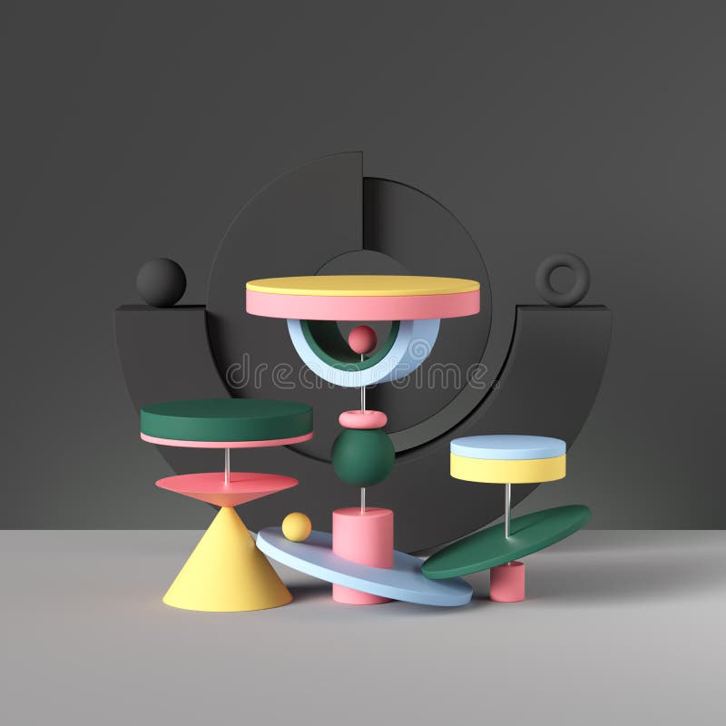 3d geometric shapes, colorful toys, abstract background, blank showcase stand, postmodern installation, memphis inspired composition, creative playful asymmetric structure. 3d geometric shapes, colorful toys, abstract background, blank showcase stand, postmodern installation, memphis inspired composition, creative playful asymmetric structure