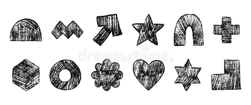 Forme geometriche semplici disegnate con una matita nera morbida. Raccolta di figure astratte con trama grunge. Cuore freccia illustrazione vettoriale