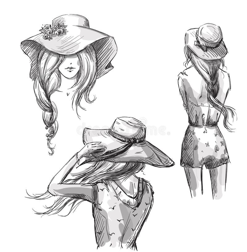 Forme la ilustración Mano drenada Muchachas en sombreros libre illustration Forme la ilustración Mano drenada Muchachas en sombreros libre illustration