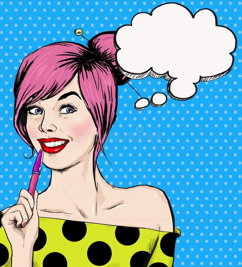 Forme a la muchacha del ejemplo del arte pop con la pluma en la mano con la burbuja del discurso Muchacha del estudiante juventud stock de ilustración