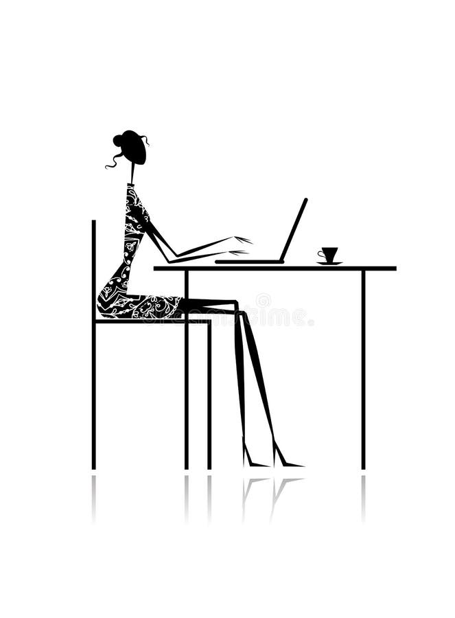 Forme la silueta de la muchacha con la computadora portátil en café libre illustration Forme la silueta de la muchacha con la computadora portátil en café libre illustration