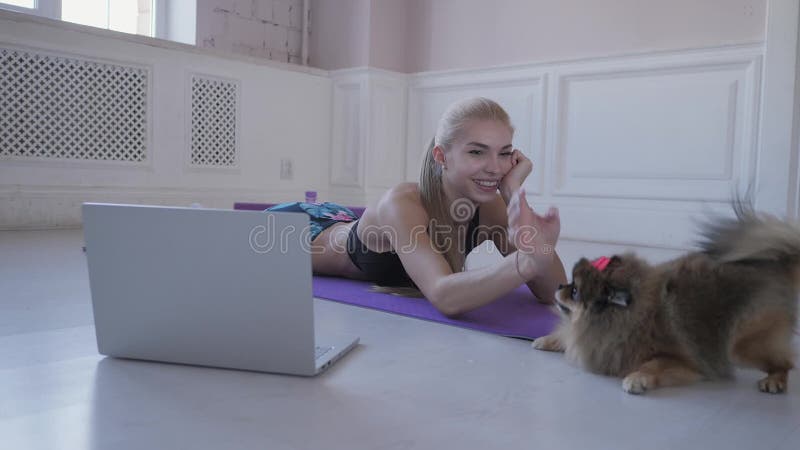 Forme physique à la maison Jeune femme pendant l'exercice et jeux avec le petit Spitz de chien Vidéos de observation sur l'Intern