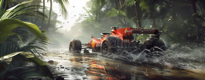 Formula 1 race in the jungle. Splashes, dirt, branches, stones. Off-road racing. Auto-sport. Generative ai. AI generated. Formula 1 race in the jungle. Splashes, dirt, branches, stones. Off-road racing. Auto-sport. Generative ai. AI generated