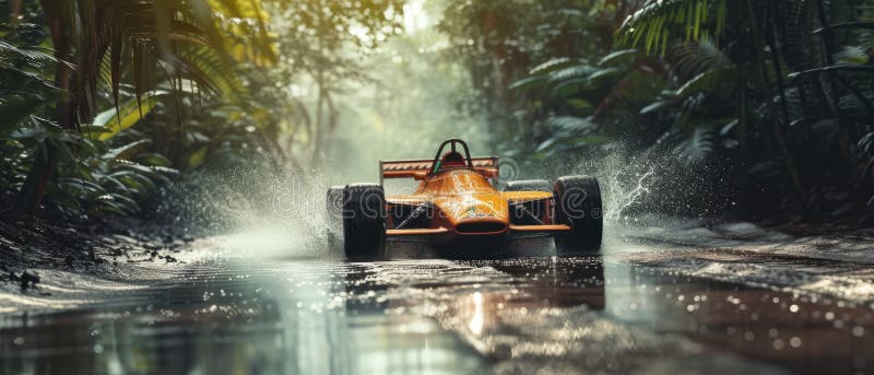 Formula 1 race in the jungle. Splashes, dirt, branches, stones. Off-road racing. Auto-sport. Generative ai. AI generated. Formula 1 race in the jungle. Splashes, dirt, branches, stones. Off-road racing. Auto-sport. Generative ai. AI generated