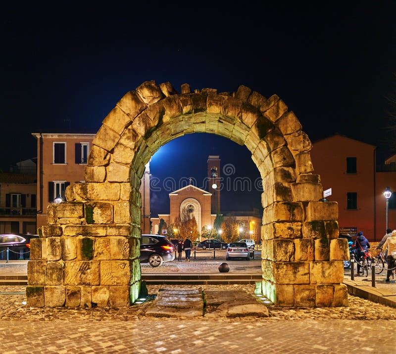 Former city gate Porta Montanara in Rimini, Italy