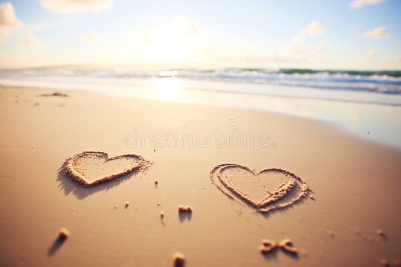 heart shapes drawn in sand side by side, ocean water nearing, created with generative ai AI generated. heart shapes drawn in sand side by side, ocean water nearing, created with generative ai AI generated