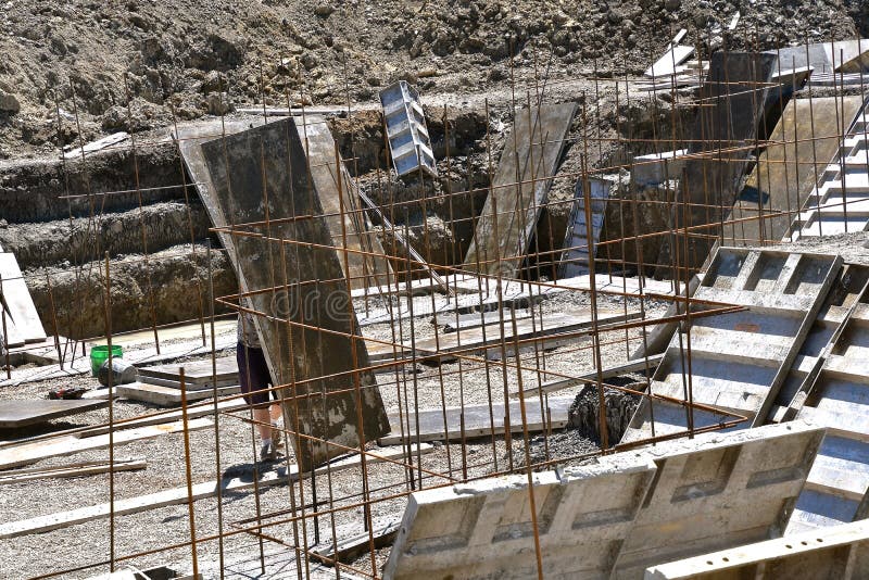 Rebar, Forms and String Line for Sidewalk Construction Project Stock