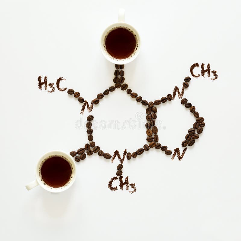 Formula chimica di caffeina Tazze di caffè espresso, dei fagioli e della polvere del caffè Alimento di arte Vista superiore