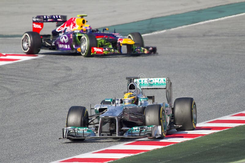 Lewis Hamilton racing with his Mercedes W04 at Formula One Teams Test Days at Catalunya circuit on March 2, 2013 in Montmelo, Barcelona, Spain. Lewis Hamilton racing with his Mercedes W04 at Formula One Teams Test Days at Catalunya circuit on March 2, 2013 in Montmelo, Barcelona, Spain.