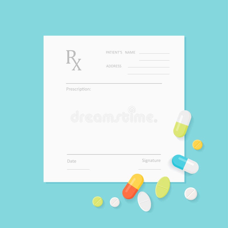 Formulário vazio da prescrição da medicina com os comprimidos dispersados nele ilustração do vetor Formulário vazio da prescrição da medicina com os comprimidos dispersados nele ilustração do vetor