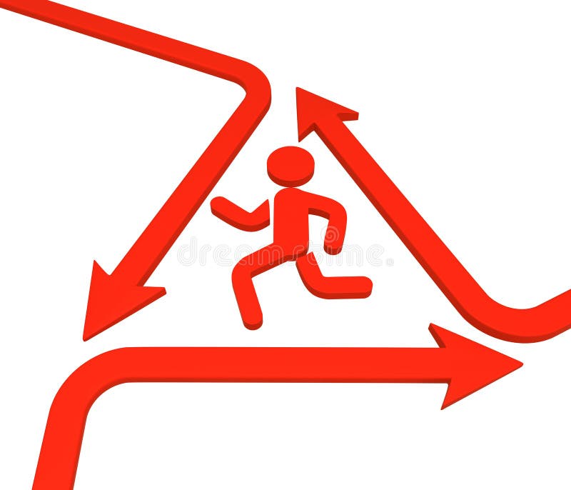 Red symbolic running figure arrow bend cycle triangle warning sign, 3d illustration, horizontal, over white, isolated. Red symbolic running figure arrow bend cycle triangle warning sign, 3d illustration, horizontal, over white, isolated