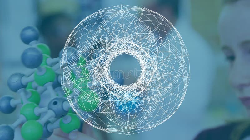 Formă circulară abstractă care se învârte în jurul unei fete care deține un model de structură moleculară în laborator stock illustration
