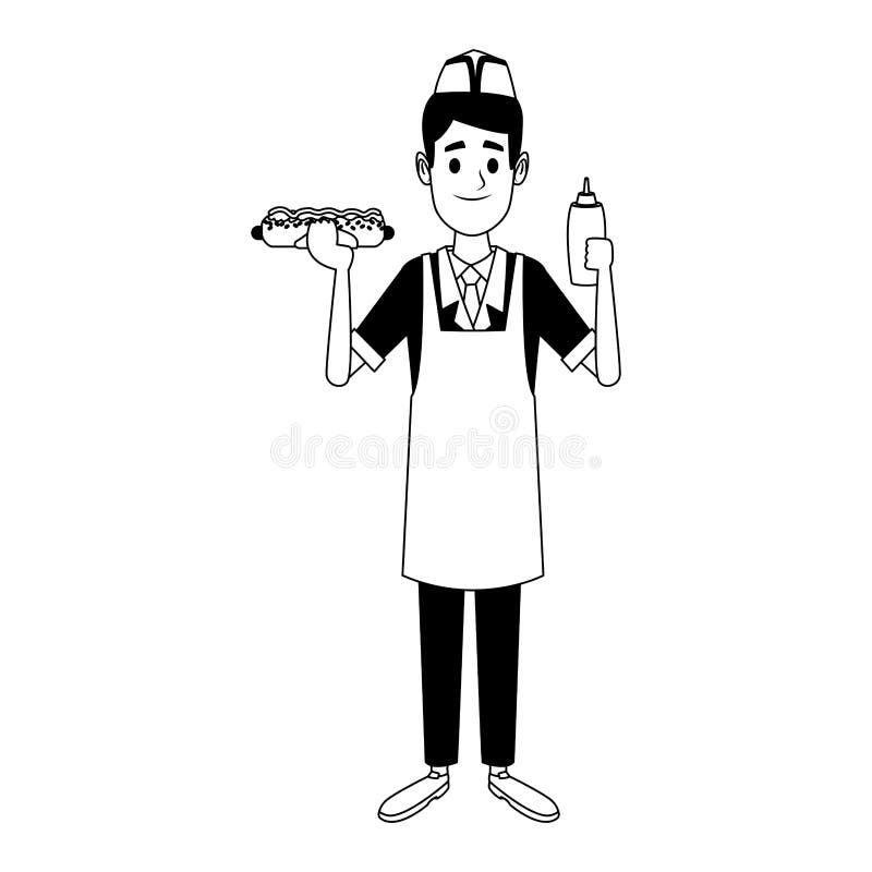 Fornello con l'hot dog ed il ketchup in bianco e nero illustrazione di stock Fornello con l'hot dog ed il ketchup in bianco e nero illustrazione di stock