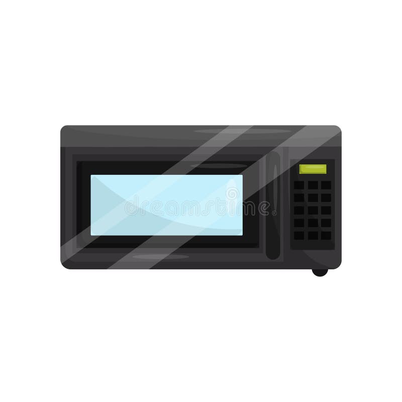 Black microwave oven for cook or heat food. Household item. Modern technology. Graphic element for promo banner or poster of kitchen appliance store. Flat vector design isolated on white background. Black microwave oven for cook or heat food. Household item. Modern technology. Graphic element for promo banner or poster of kitchen appliance store. Flat vector design isolated on white background.