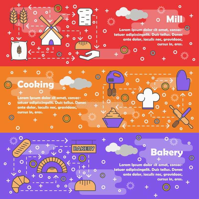 Forno, mulino e cucinare i modelli orizzontali di vettore dell'insegna di web royalty illustrazione gratis Forno, mulino e cucinare i modelli orizzontali di vettore dell'insegna di web royalty illustrazione gratis