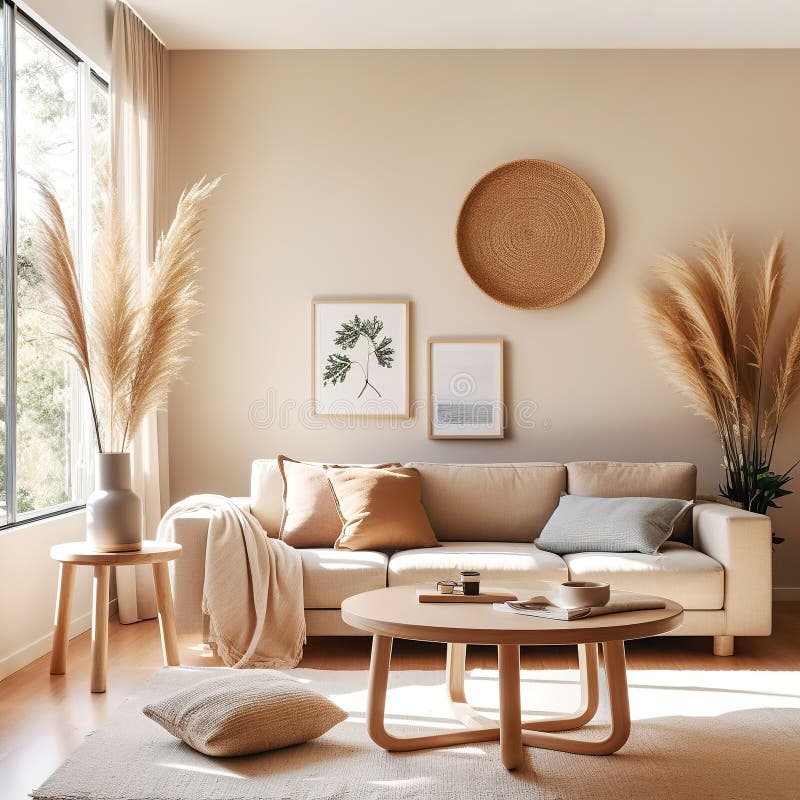 Forno in tessuto beige contro la finestra. design interno boho design degli ambienti moderni. ai illustrazione di stock