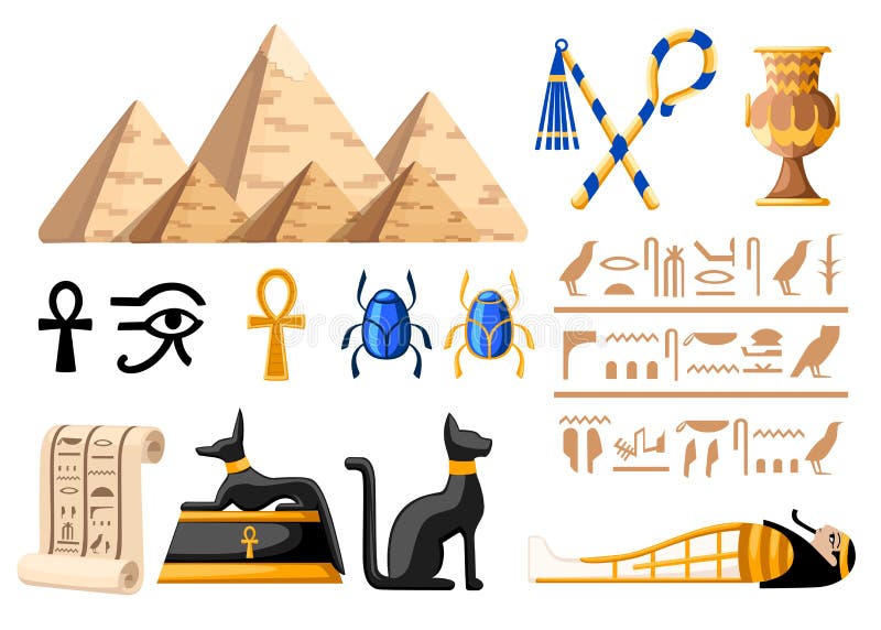 Forntida egyptiska symboler och illustration för symboler för garneringEgypten lägenhet på den vita bakgrundswebbplatssidan och m