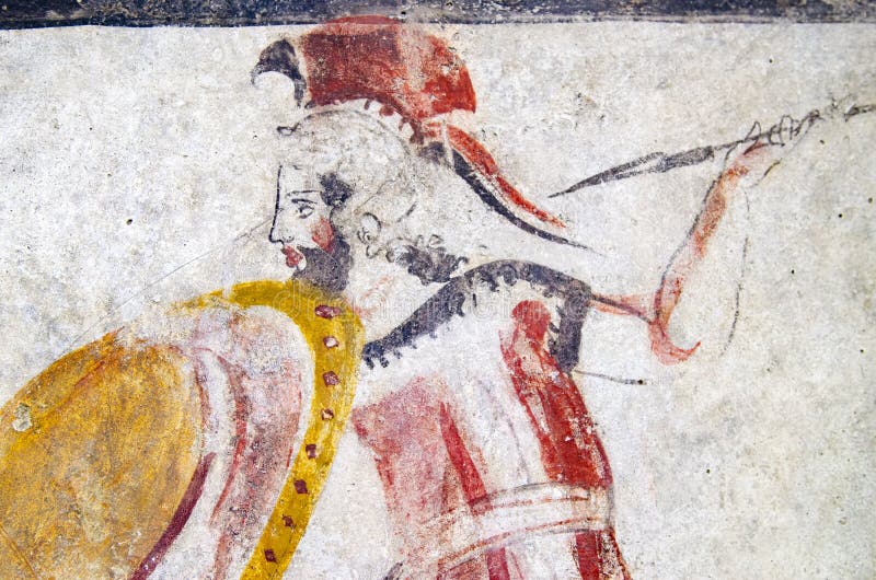 Forntida frescoes i krigaregravvalvet av Magna Greece, 500 f. Kr. i nekropolen av Pestum av Italien royaltyfri bild Forntida frescoes i krigaregravvalvet av Magna Greece, 500 f. Kr. i nekropolen av Pestum av Italien royaltyfri bild