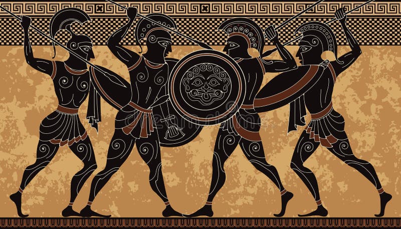 Forntida Grekland krigare Svart diagram krukmakeri Gammalgrekiskaplats