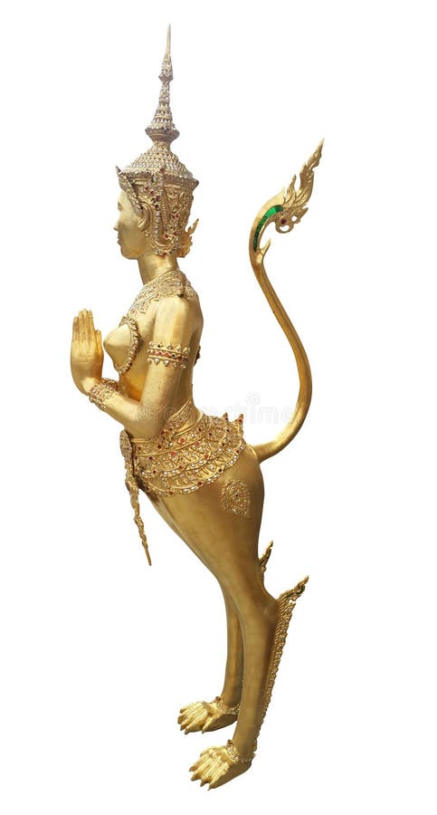 Forntida staty av den guld- thailändska fen i en legend som isoleras på vit bakgrund med den snabba banan, thailändsk konstskulpt royaltyfri bild Forntida staty av den guld- thailändska fen i en legend som isoleras på vit bakgrund med den snabba banan, thailändsk konstskulpt royaltyfri bild