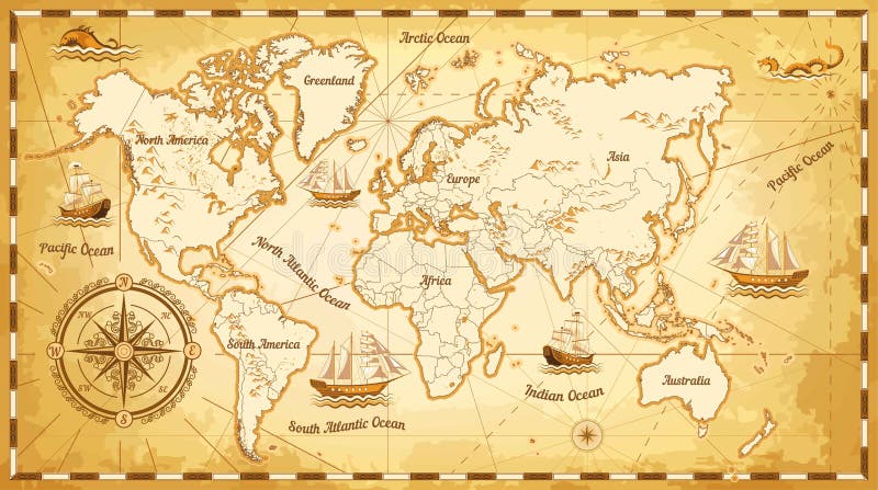 Forntida världskartaskepp och kontinenter omringar marin- navigering