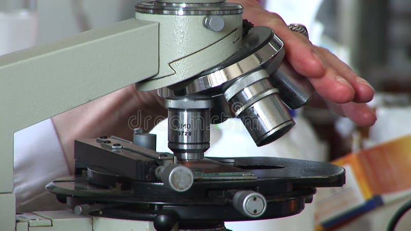 Forscher, die im Labor mit Mikroskop, Abschluss oben arbeiten