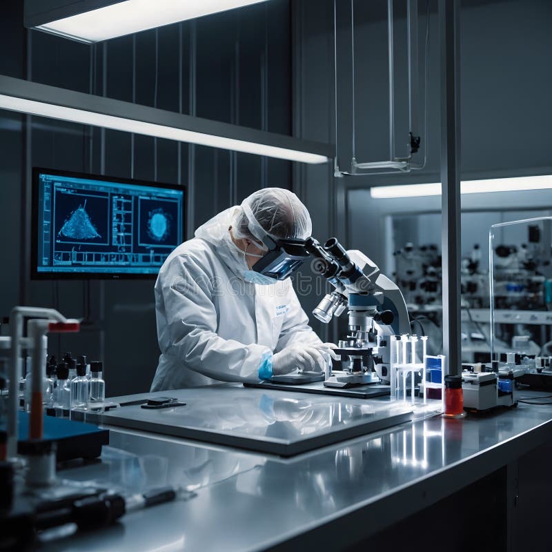Forscherin, die Nanotechnologie-Experimente in einem sauberen Raum mit Mikroskopen durchführt stock abbildung