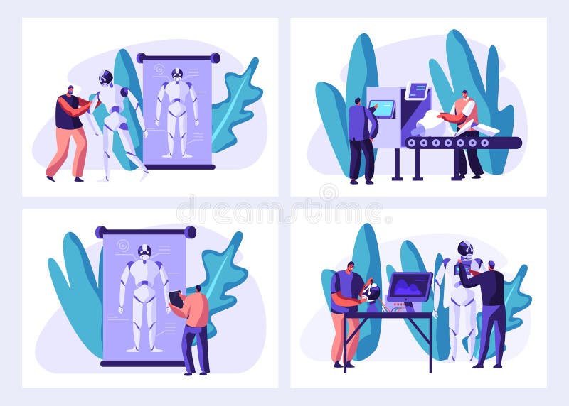 Forskare skapar Cyborgs i laboratoriumupps? ttning Robot som skapar etappprocess Framst? llning av maskinvara och av programvara, r royaltyfri illustrationer