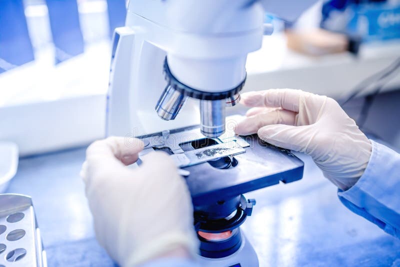 Forskarehänder med mikroskopet, undersökande prövkopior och flytande Medicinsk forskning med teknisk utrustning arkivfoton