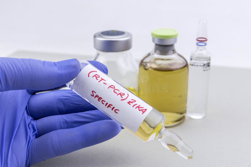 Forskaren med blåa latexhandskar rymmer små medicinflaskor av ZIKA-viruset royaltyfri foto Forskaren med blåa latexhandskar rymmer små medicinflaskor av ZIKA-viruset royaltyfri foto