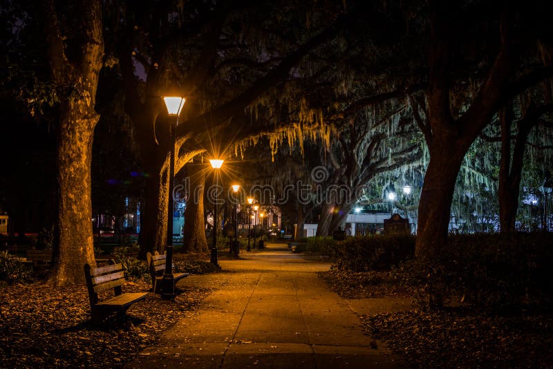 Forsyth Park in Savannah, at Night Stock Image Image of