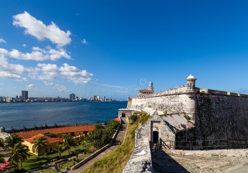 Fortaleza com canhões e o horizonte de Havana imagens de stock