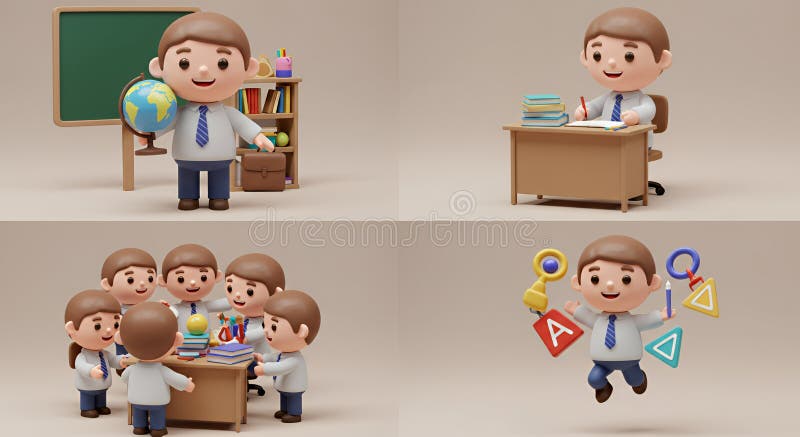 Forte modello 3D dell'insegnante Chibi : Scene di classe - Forme geometriche e apprendimento di gioia illustrazione di stock
