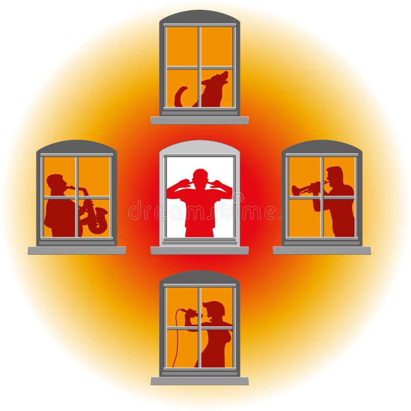 Neighbors that make loud music, in the middle window an annoyed man covers his ears. Isolated vector illustration on white background. Neighbors that make loud music, in the middle window an annoyed man covers his ears. Isolated vector illustration on white background.