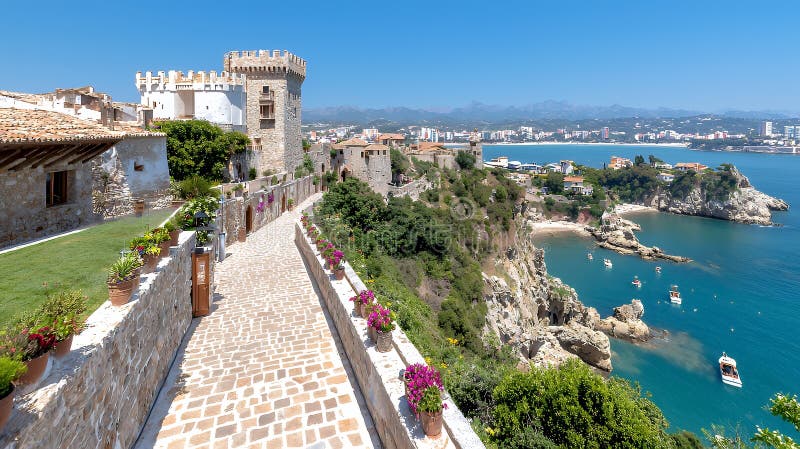Sentiero della fortezza costiera con vista sul porto illustrazione vettoriale