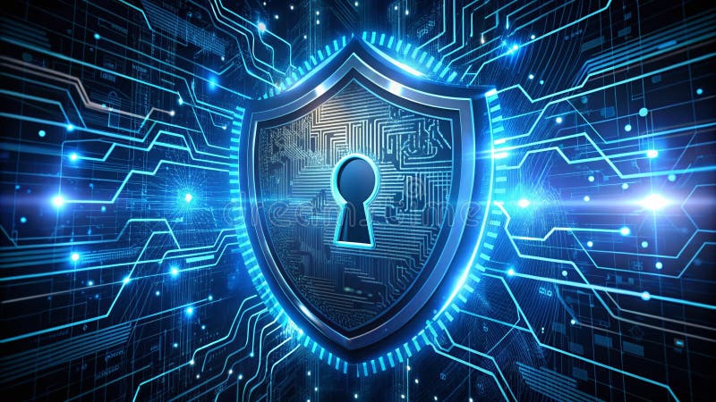 Fortezza digitale inscindibile, schermo di sicurezza avanzato con punto di accesso keyhole ed elementi tecnologici integrati per illustrazione di stock