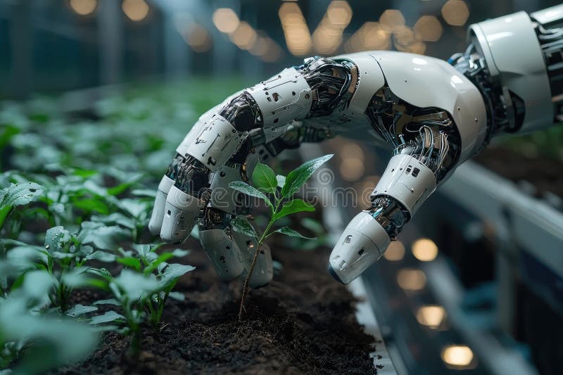 Fortgeschrittene Roboterhandpflanzung in Gewächshaus stockfoto