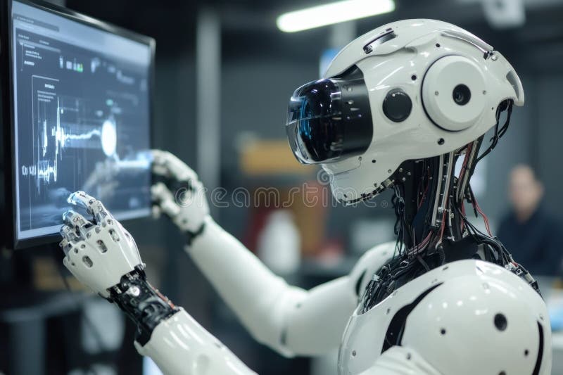 Fortgeschrittener humanoider Roboter, der mit vm Headset arbeitet und Daten auf dem Computerbildschirm verwendet lizenzfreie stockfotografie