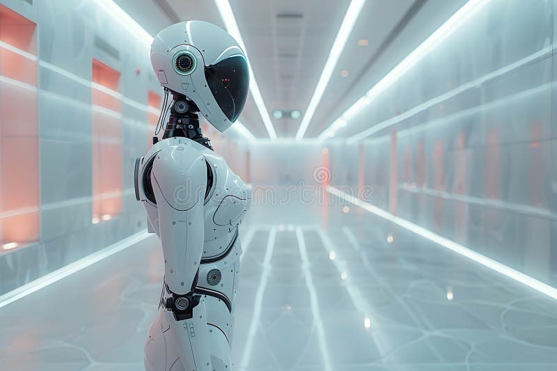 Fortgeschrittener Krankenhausroboter vor weitem Licht für den geschäftlichen Einsatz. Eine technologisch fortgeschrittene Krankenhausszene mit einem weißen Roboter, der in der Mitte steht, umgeben von einem ausgedehnten hellgrauen und hellblauen Hintergrund, der einen großen leeren Arbeitsplatz für potenzielle Geschäftsanwendungen schafft. erstellt mit ai.