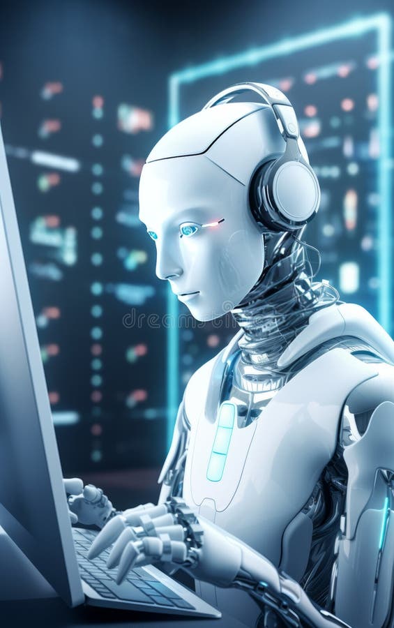 Fortgeschrittener Roboter, der in futuristischer Umgebung am Computer arbeitet lizenzfreie stockbilder