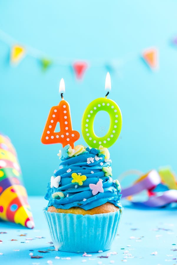 Fortieth 40th birthday cupcake with candle. Card mockup.