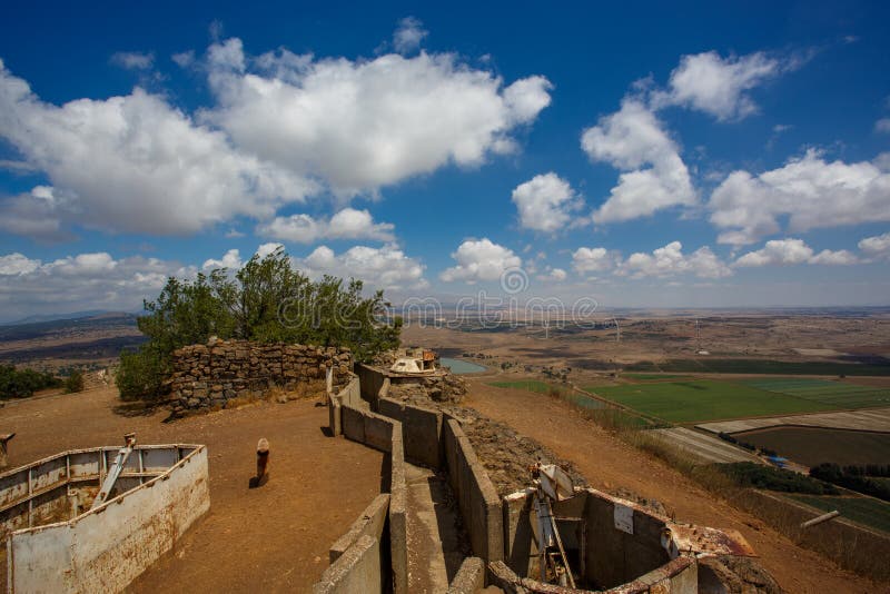 Fortifications on the Golan Heights and a view from above of Mount Bental. Border, landscape