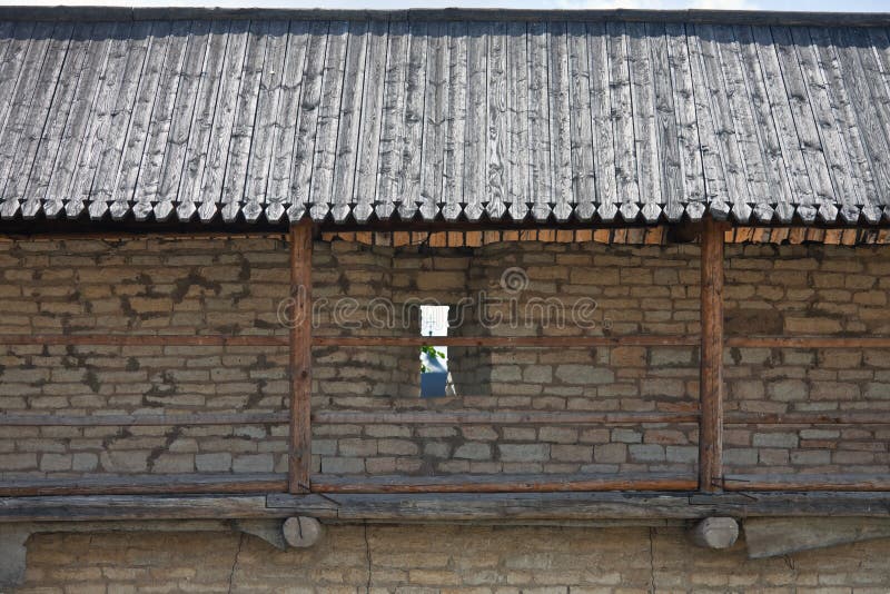 A fortified wall with battlements. Pskov Krom Kremlin. Russia.