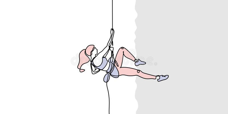 Rock climbing continuous one line drawing. Girl doing extreme sport, adrenaline activity of strong woman. Climber with a rope, simplicity design vector illustration. Vector illustration editable stroke. Rock climbing continuous one line drawing. Girl doing extreme sport, adrenaline activity of strong woman. Climber with a rope, simplicity design vector illustration. Vector illustration editable stroke.