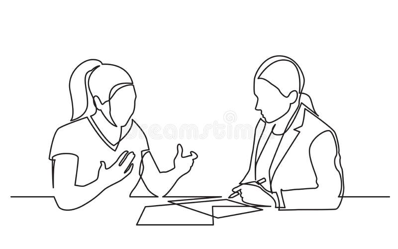 Fortlöpande linje teckning av två kvinnor som diskuterar underteckna skrivbordsarbeten stock illustrationer