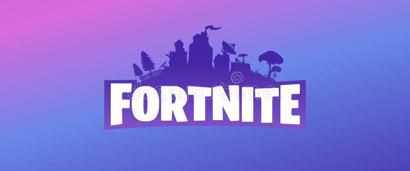 Fortnite purple vector logo banner on violet blue and pink gradient background.