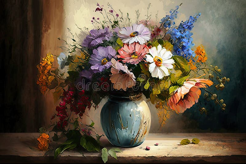 Fortsatt livstidsbukett av färgade blommor i en vas. Tryckfärgsmålning av veteranolja av vilda blommor. vårkonst. vektor illustrationer