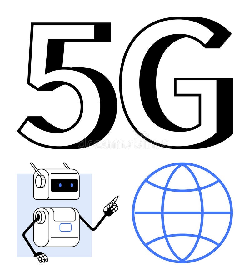 Fortschritte bei der 5g-Technologie, hervorgehoben durch die Roboterintegration und globale Konnektivität lizenzfreie abbildung