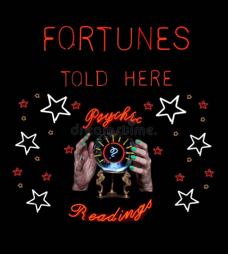 Fortune Teller Neon Sign with Crystal Ball Photo Composite Image Stock